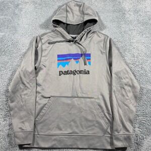 Patagonia Shop Sticker Polycycle Hoodie Mens Medium Grey Spell Out Logo Pullover